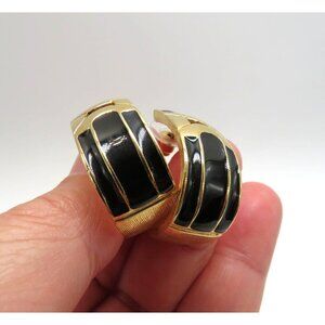 Vintage Trifari Earrings Gold Tone Black Enamel Pierced Stud Hoop Textured